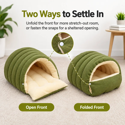 Olive green pet bed with the front open and folded, alongside a close-up of the snap.