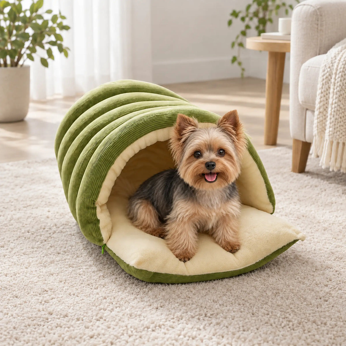Yorkshire Terrier resting in an olive green covered pet bed in a sunlit living room.