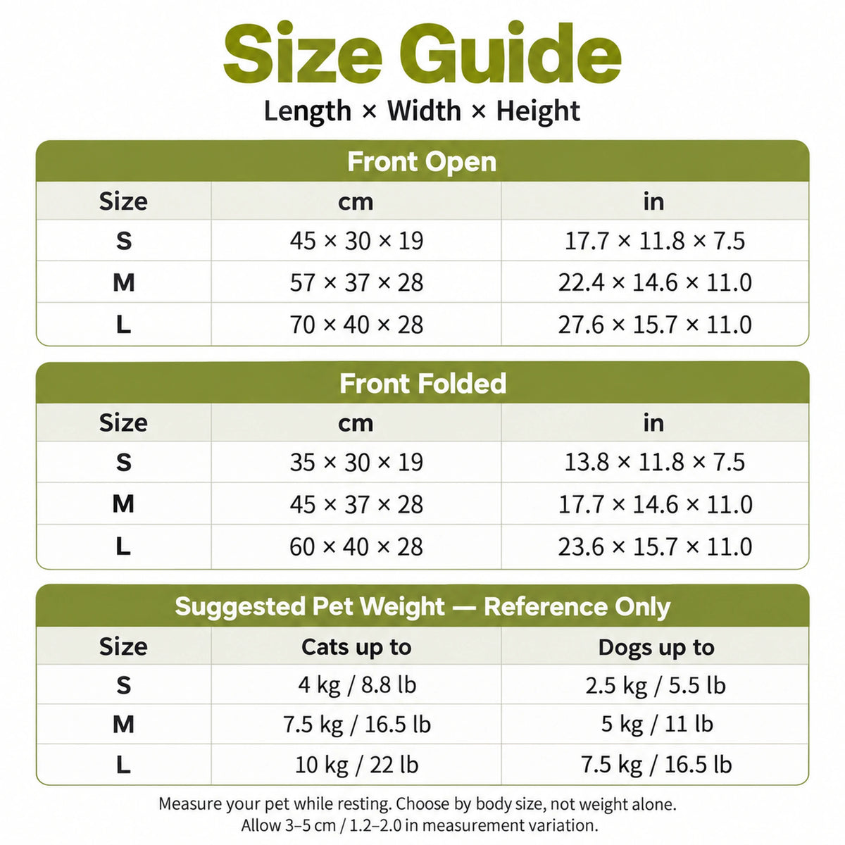 S, M and L covered pet bed size guide with open and folded dimensions in cm and inches.
