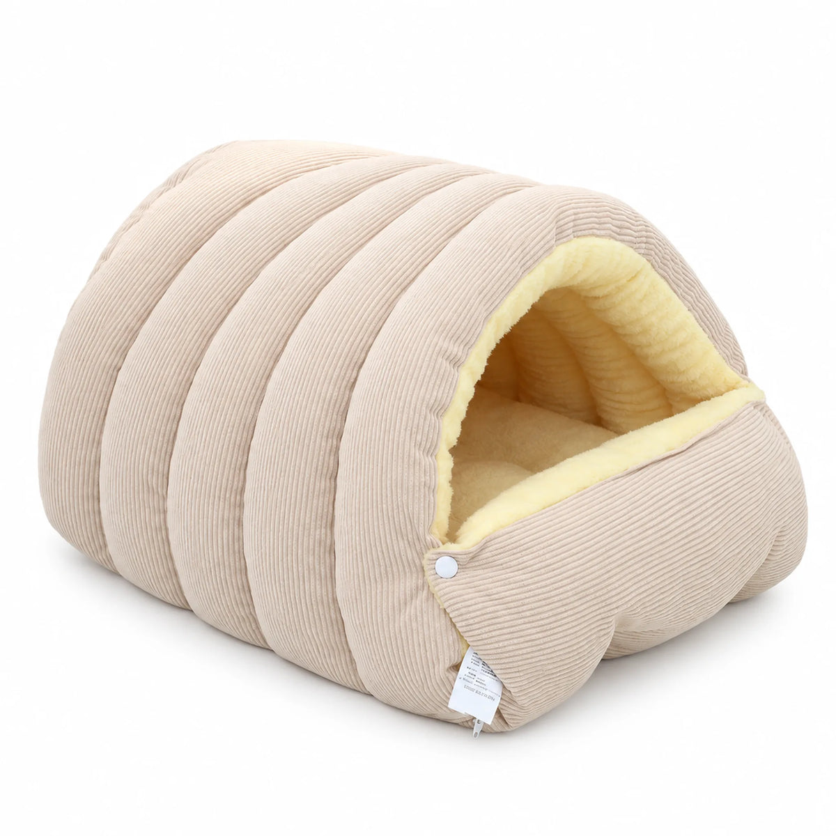 Beige ribbed pet cave bed with cream plush lining and a snapped-up front flap.