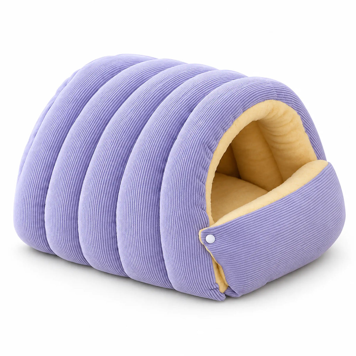 Lavender covered pet bed with ribbed fabric, cream lining and front snap closure.