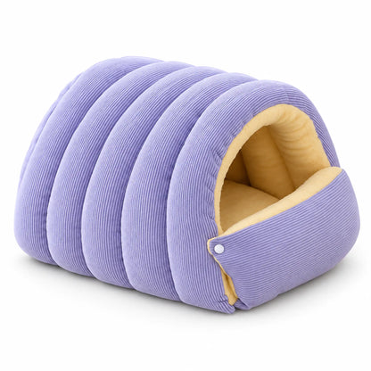 Lavender covered pet bed with ribbed fabric, cream lining and front snap closure.