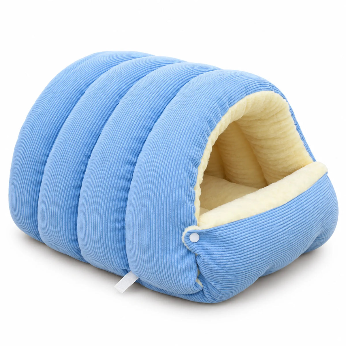 Light blue non-removable covered pet bed with a snapped-up front flap on a white background.