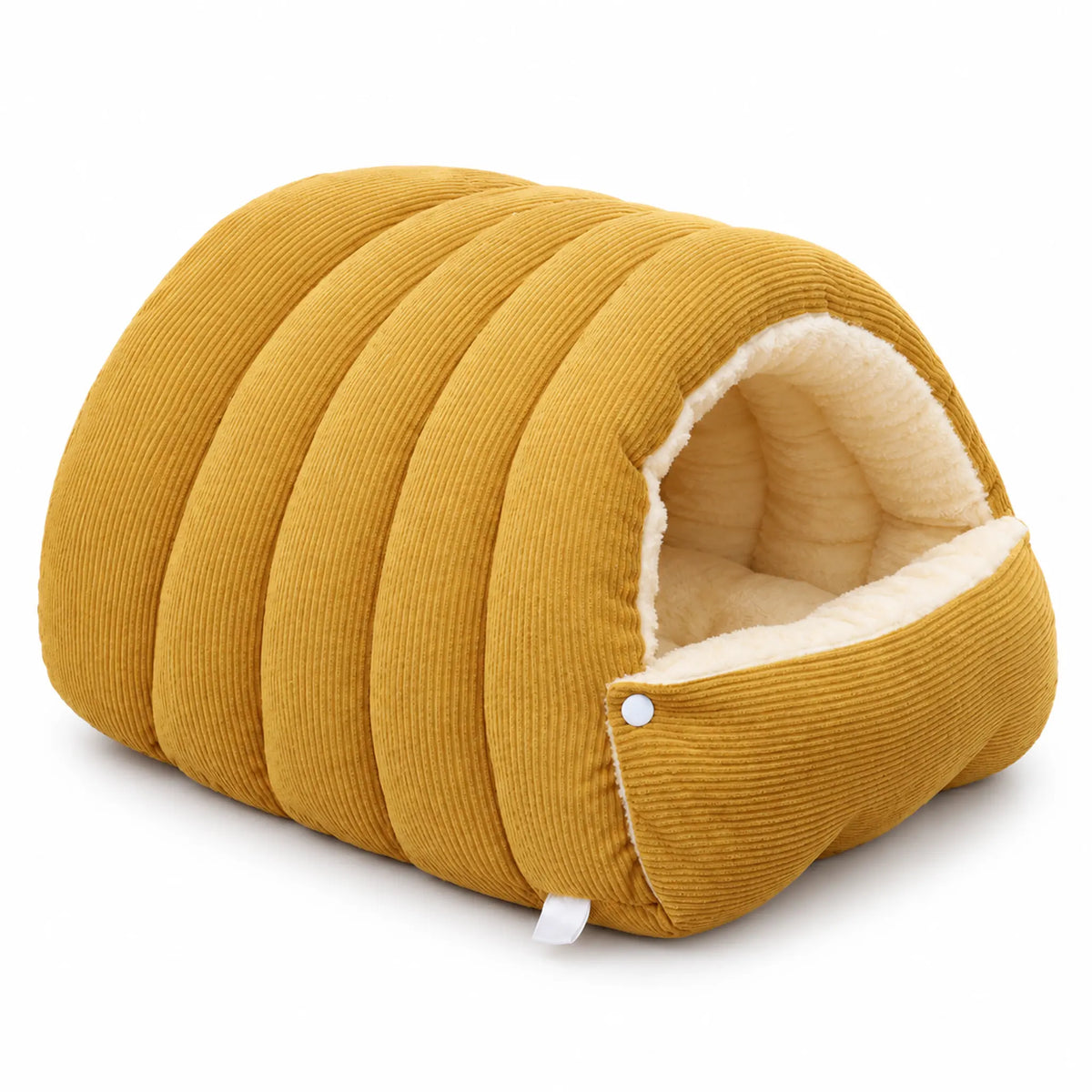 Mustard yellow non-removable covered pet bed with cream plush lining on a white background.