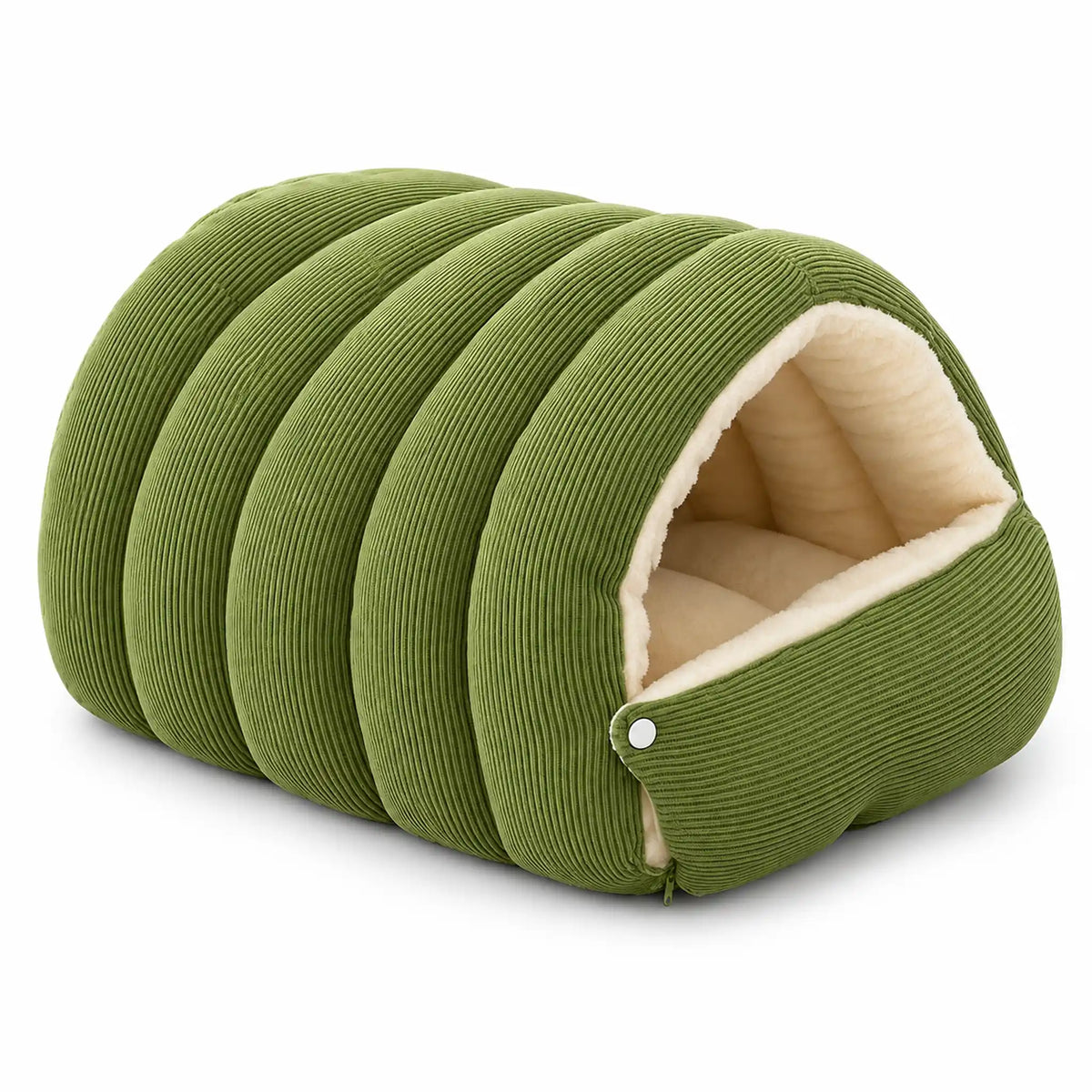 Olive green ribbed covered pet bed with a folded front and cream plush interior.