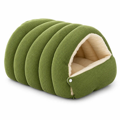 Olive green ribbed covered pet bed with a folded front and cream plush interior.