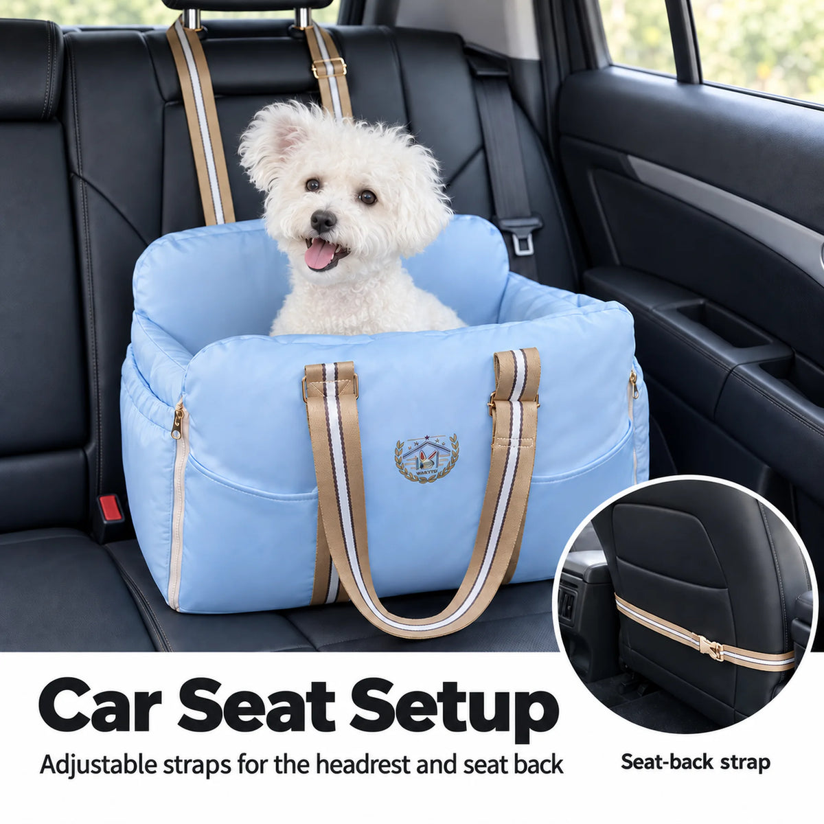 Sky-blue pet carrier on a rear car seat with headrest straps and an inset showing the separate seat-back strap.
