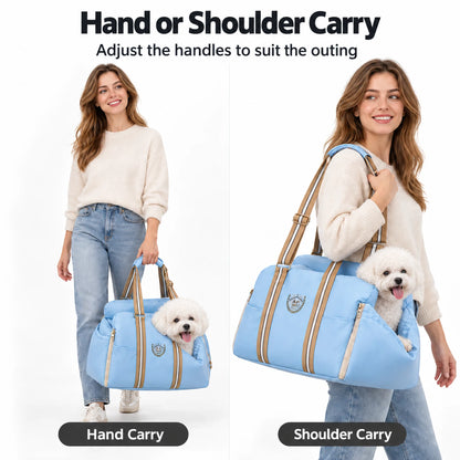 A woman demonstrates hand and shoulder carry with the same sky-blue pet carrier and small white dog.