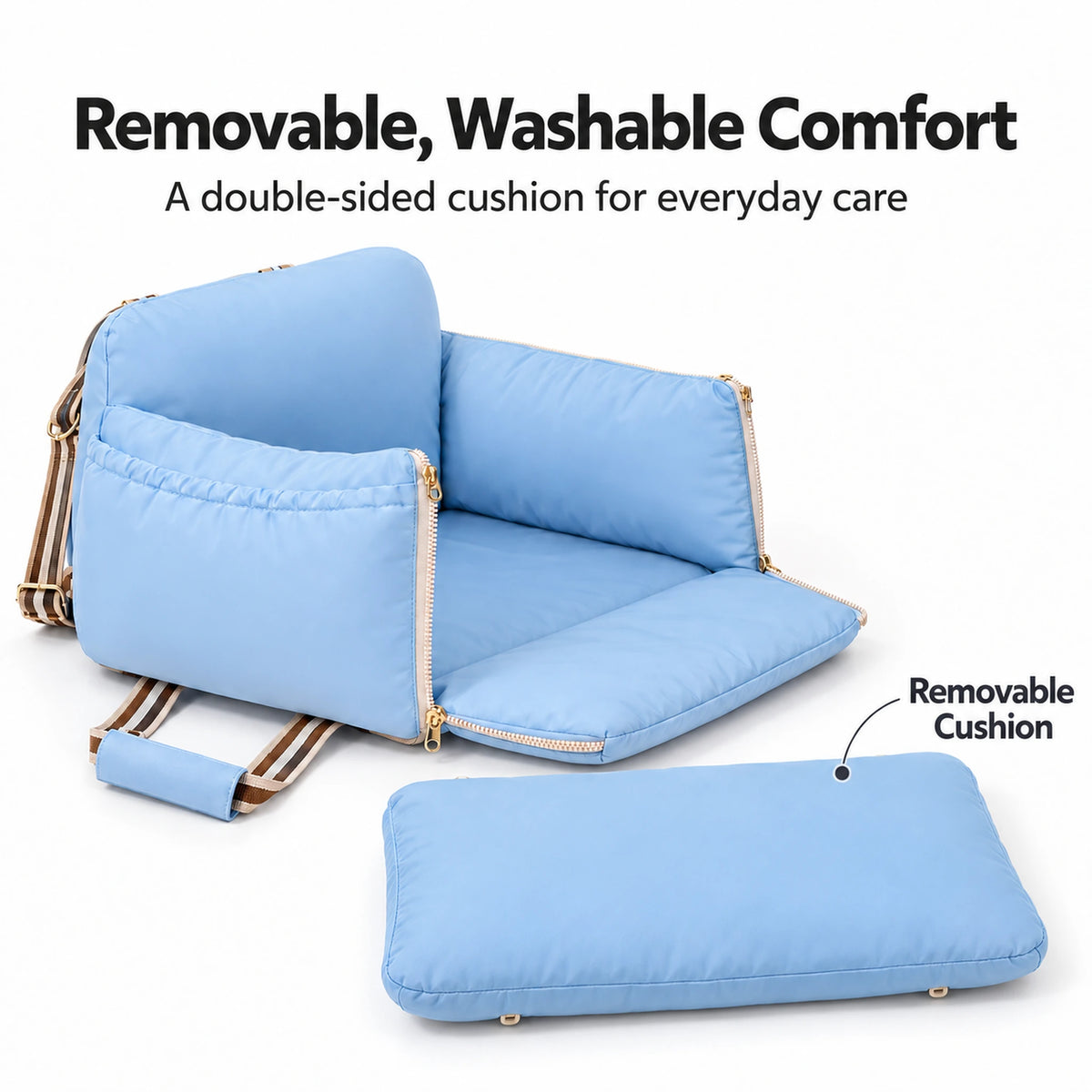 Opened sky-blue carrier beside its removable blue double-sided cushion.