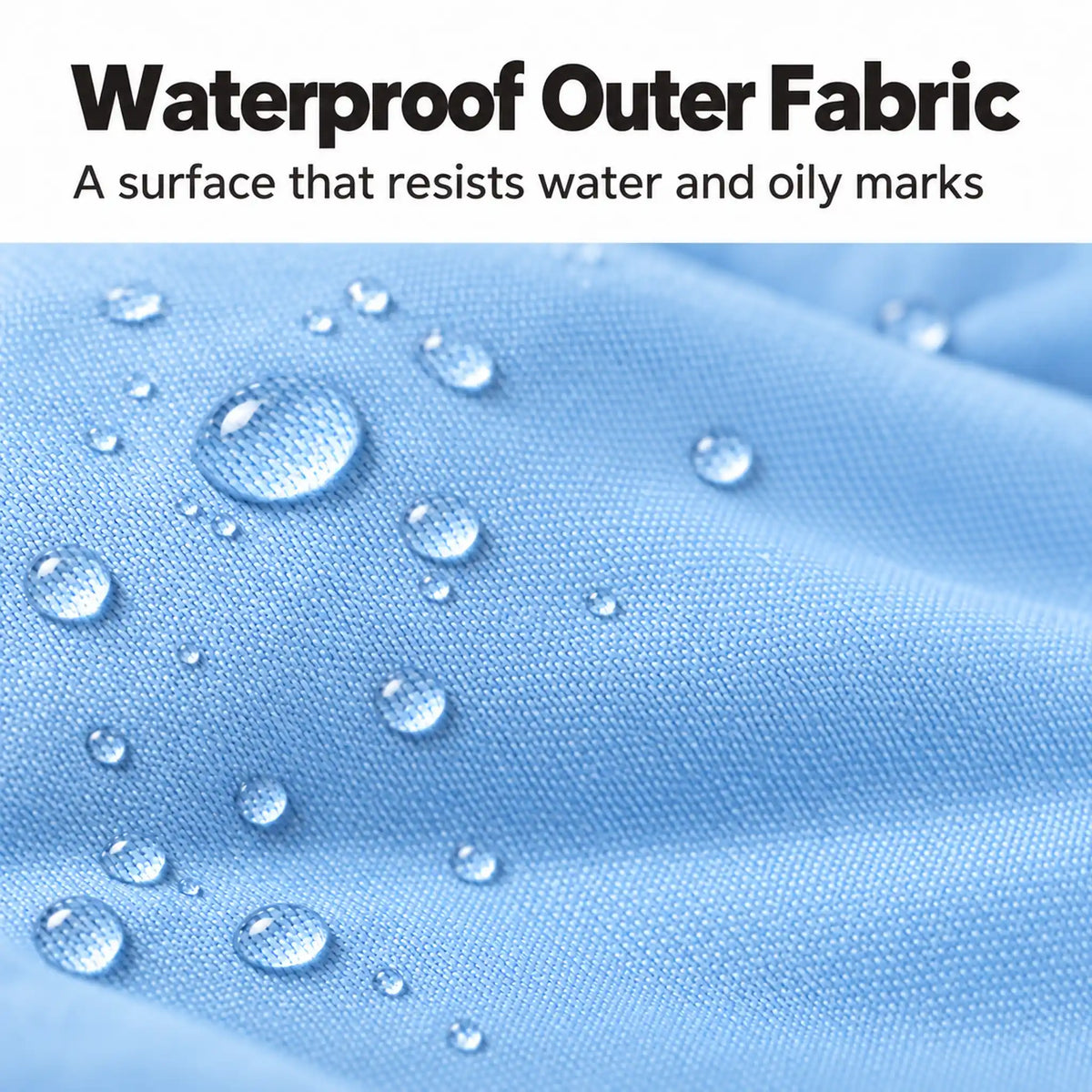 Water beads on sky-blue outer fabric with text describing waterproof fabric and resistance to oily marks.