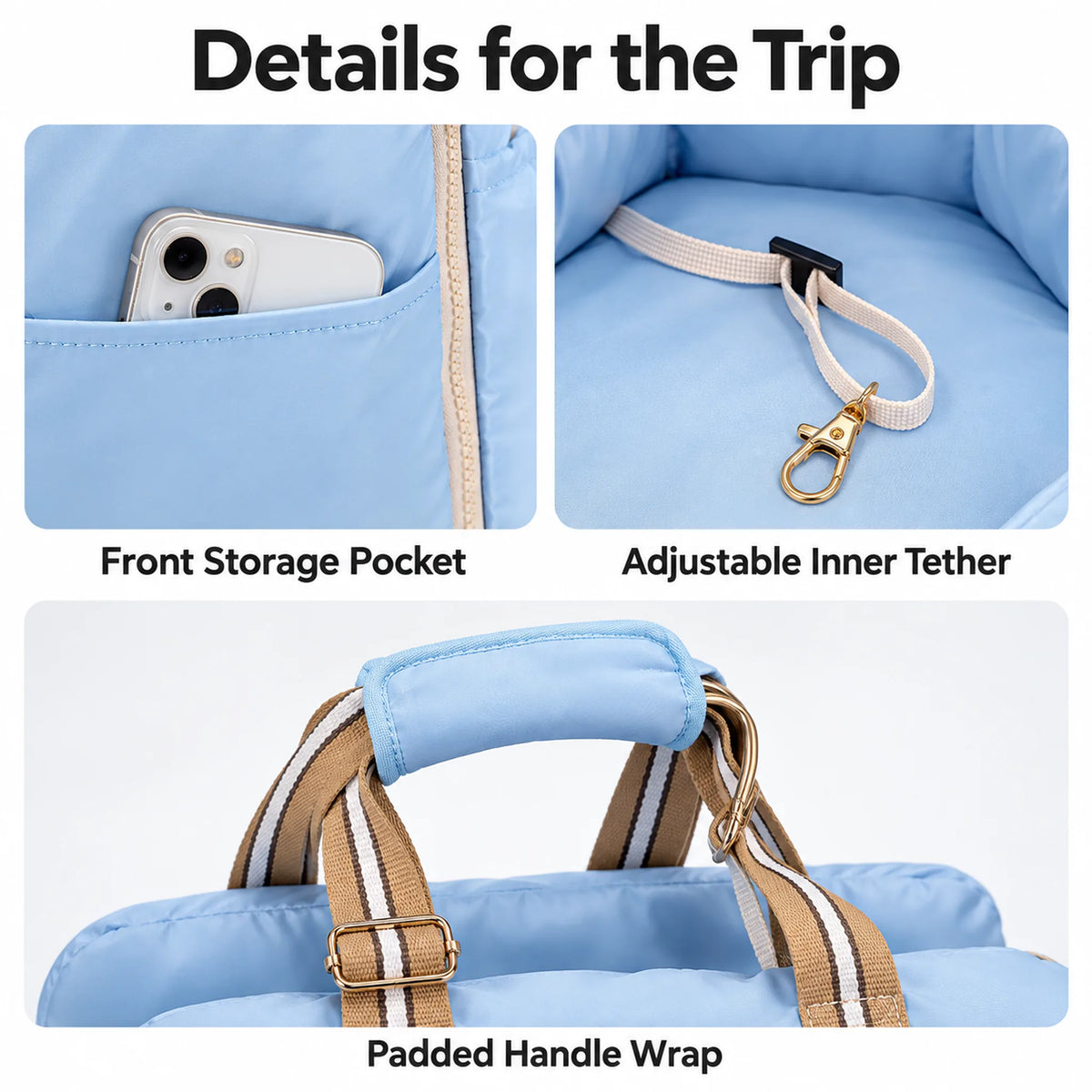 Close-ups of the front pocket, white adjustable inner tether with gold hook, and blue padded handle wrap.