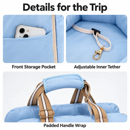 Close-ups of the front pocket, white adjustable inner tether with gold hook, and blue padded handle wrap.