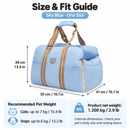 Carrier size guide: 50 by 41 by 34 cm; cats up to 7 kg, dogs up to 6 kg; net weight 1.308 kg.