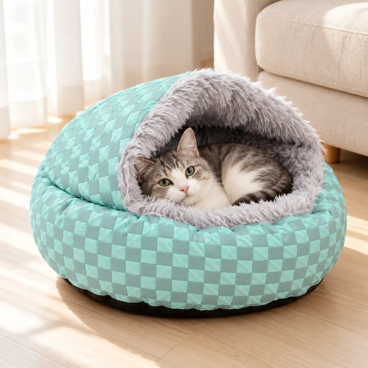 Grey-and-white cat resting in the blue-green shell bed on a wood floor beside a cream sofa.