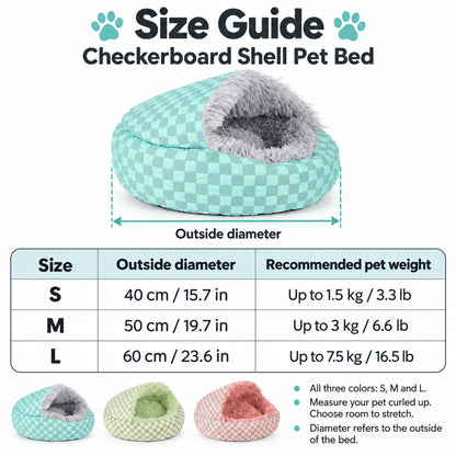 Shell pet bed size guide: S 40 cm, up to 1.5 kg / 3.3 lb; M 50 cm, up to 3 kg / 6.6 lb; L 60 cm, up to 7.5 kg / 16.5 lb.