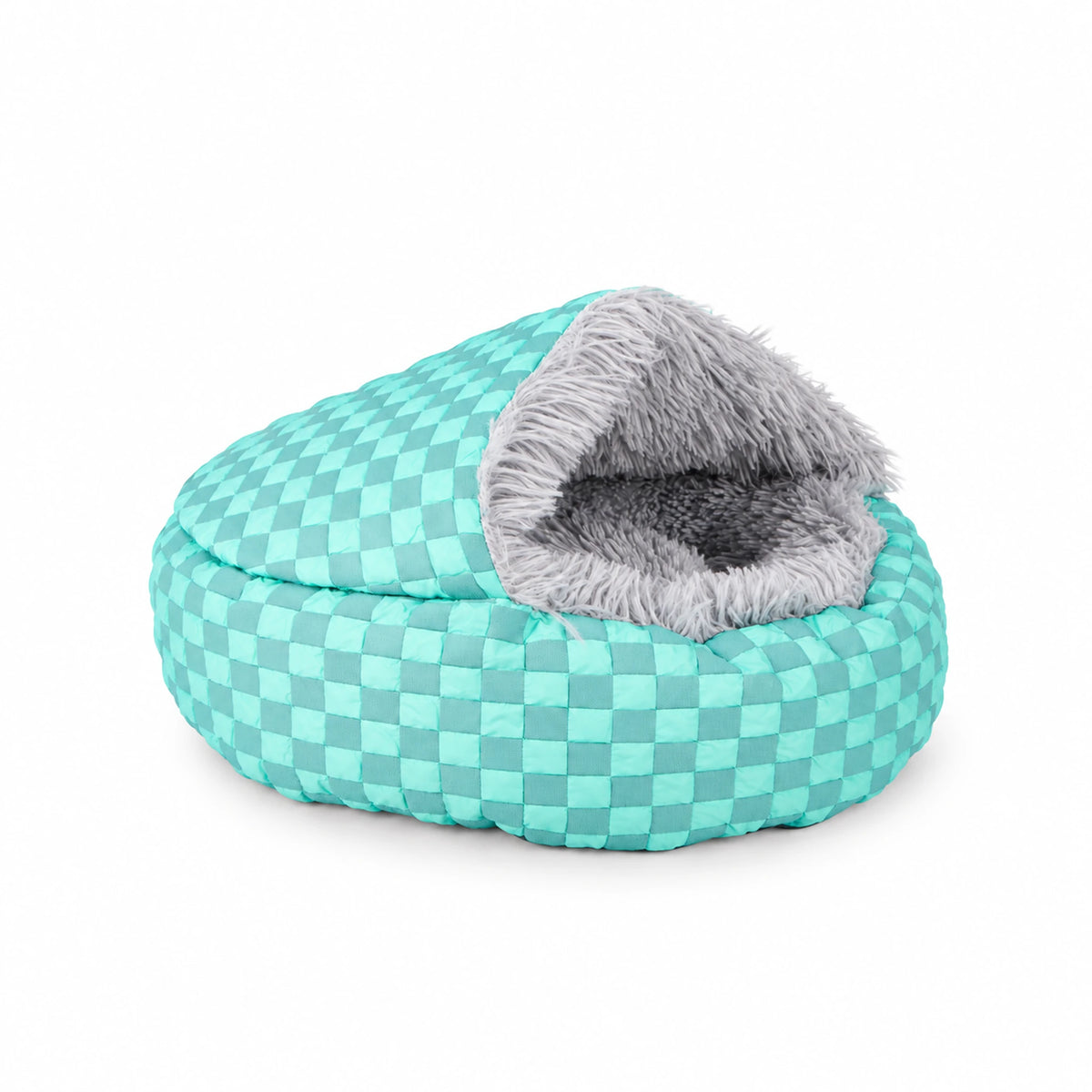 Blue-green checkerboard shell pet bed with grey long-pile lining, padded oval base and attached soft cover.