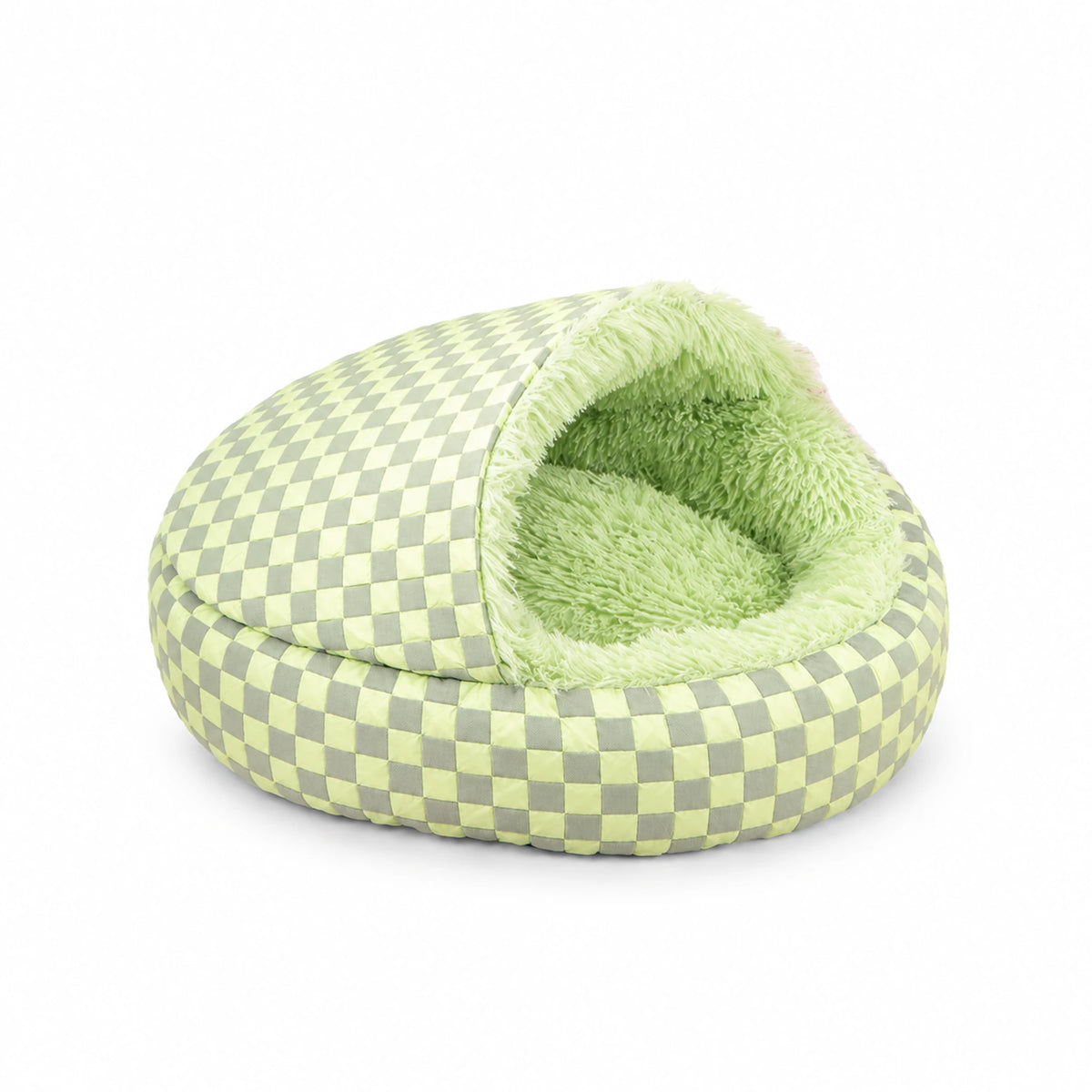 Green checkerboard shell pet bed with green long-pile lining and a cushioned front rim on a white background.