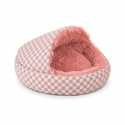 Pink and grey checkerboard shell pet bed with pink long-pile lining and an attached soft cover on a white background.