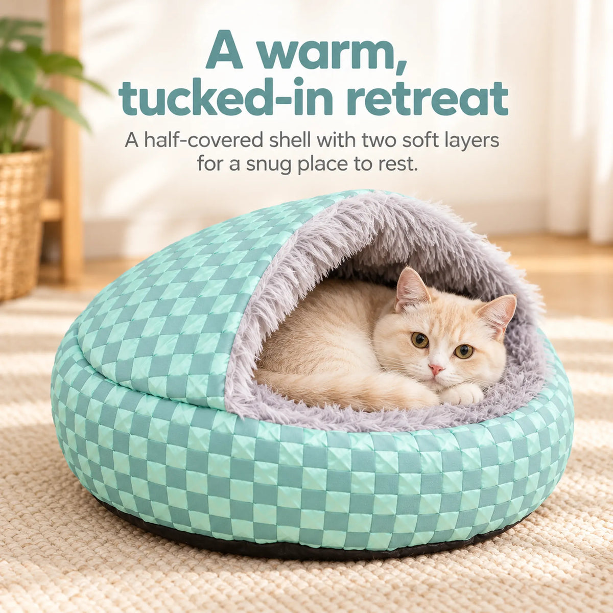 Cream cat curled in the blue-green shell bed beneath its soft grey-lined cover, with warmth and two-layer feature text.