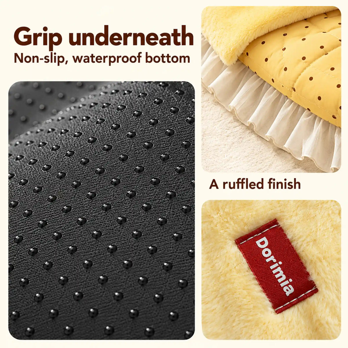 Close-ups of the black non-slip, waterproof underside and white ruffled skirt of the plush pet bed.