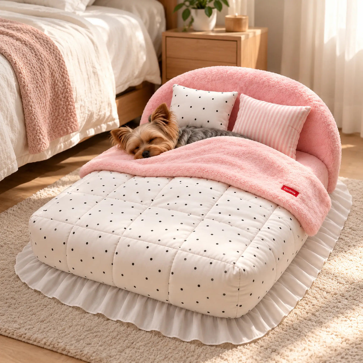 Yorkshire Terrier asleep under the pink pet bed quilt beside a human bed in a neutral bedroom.