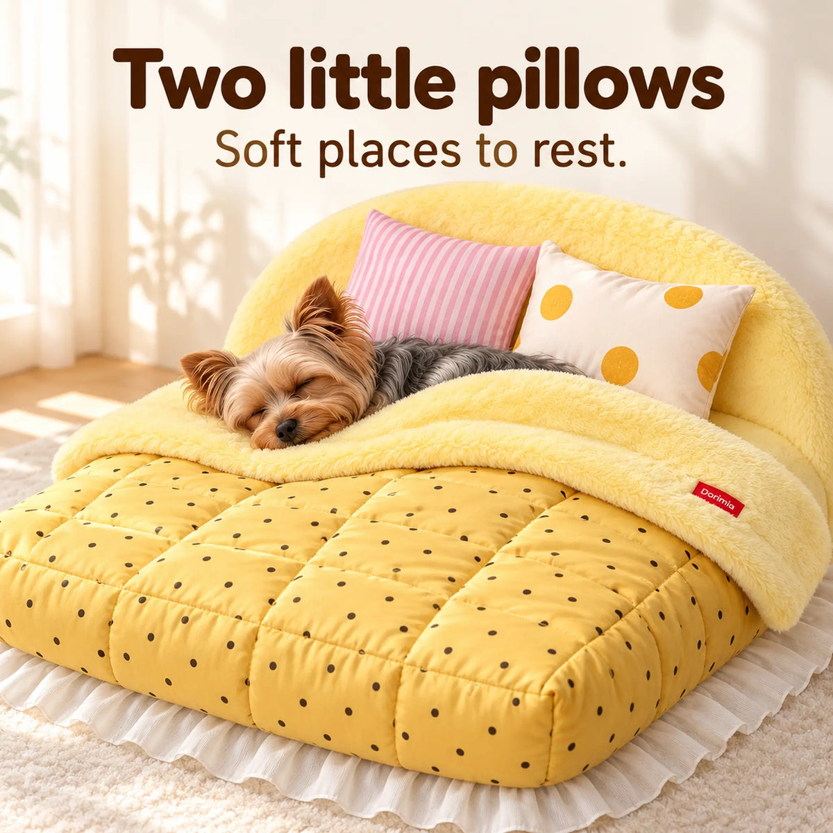 Yorkshire Terrier resting in the yellow plush pet bed beside its two small patterned pillows.