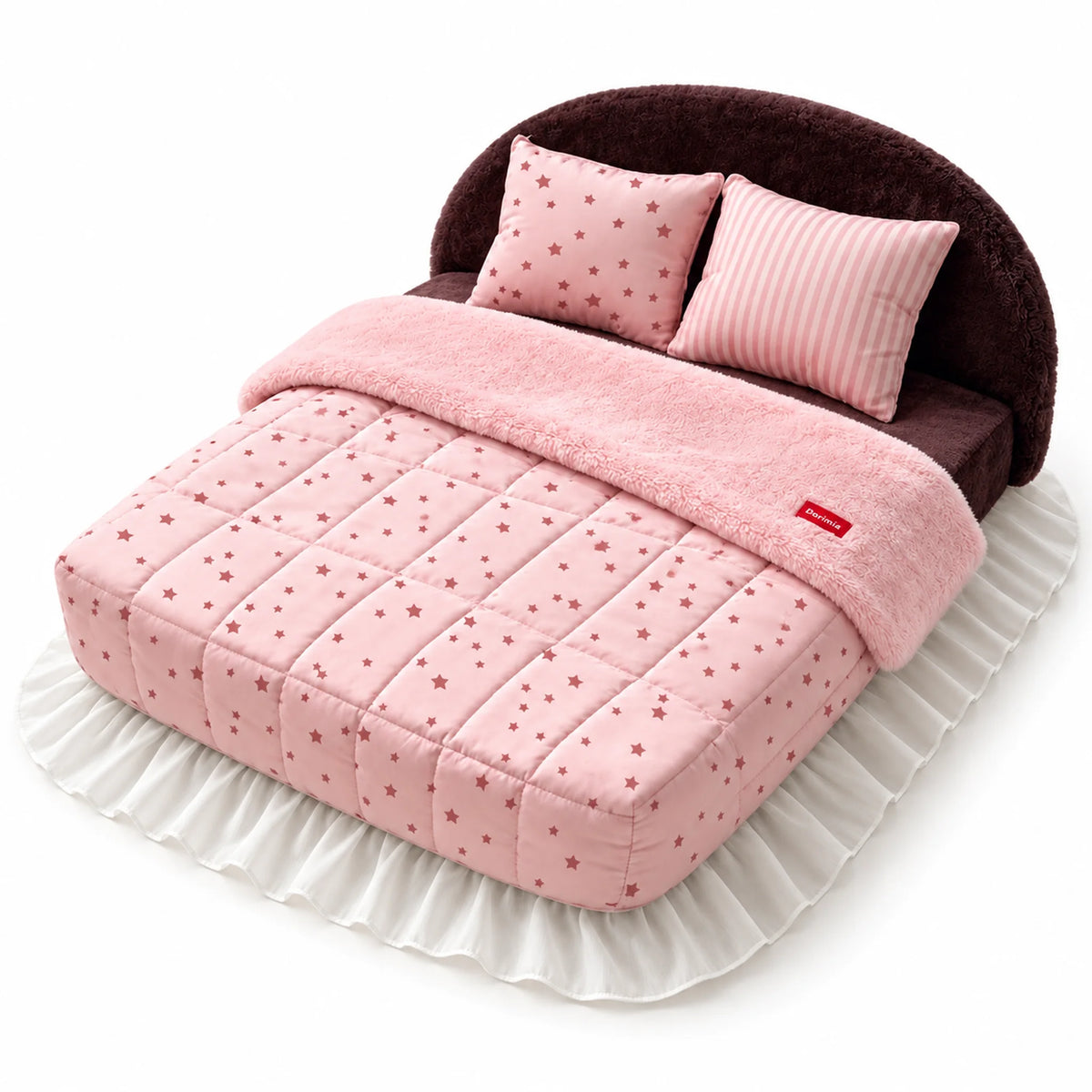 Plum & Pink Stars plush pet bed with a pink star-pattern quilt, two patterned pillows and a white ruffled skirt.