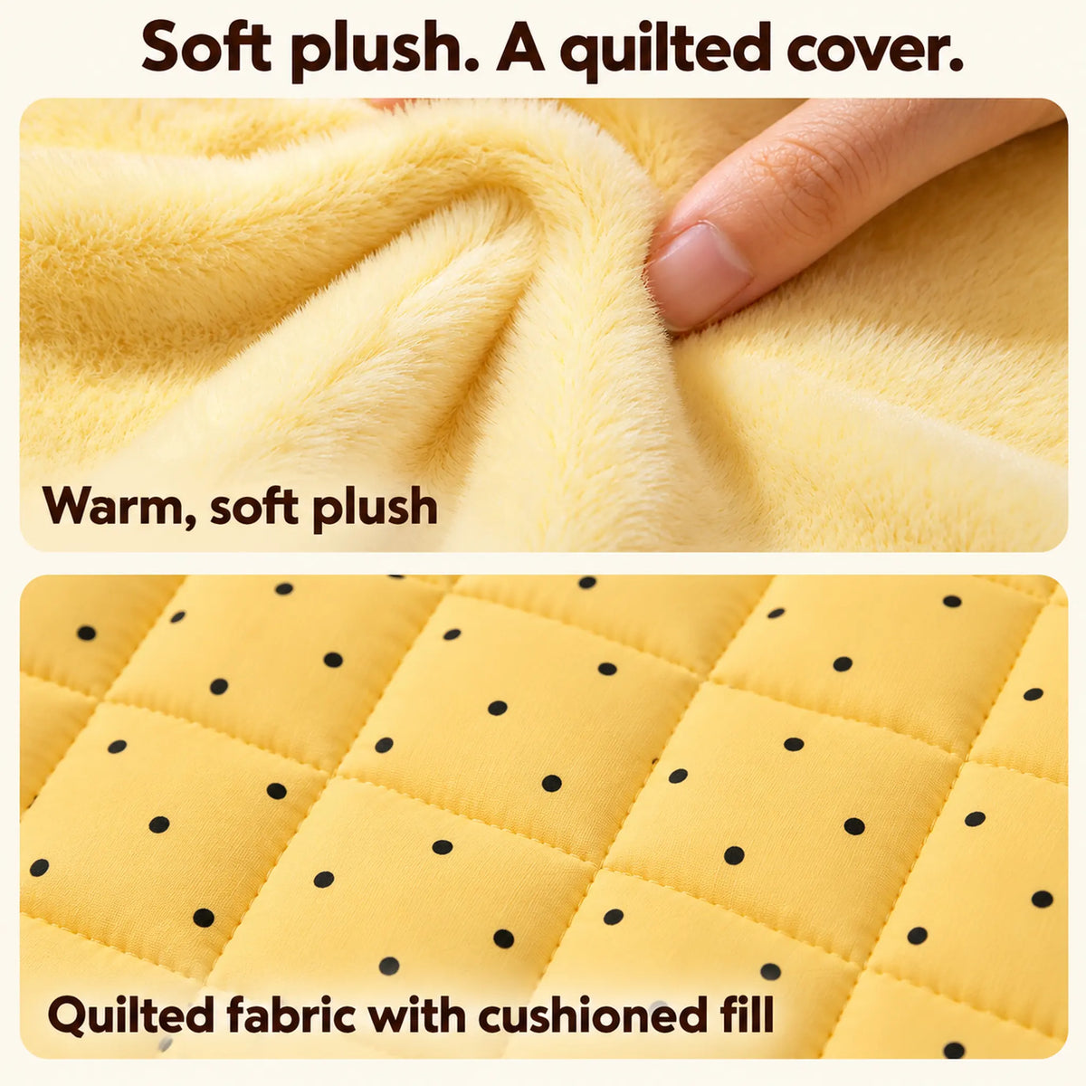 Close-up of the yellow plush sleeping surface and quilted cover fabric of the pet bed.