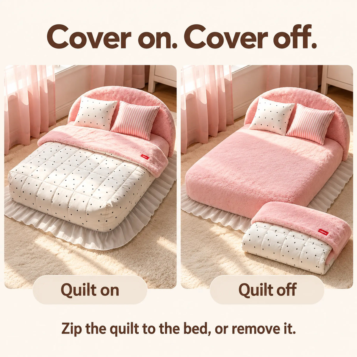 Pink plush pet bed shown with the zip-attached quilt on and with the quilt removed.
