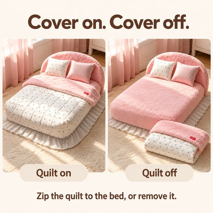 Pink plush pet bed shown with the zip-attached quilt on and with the quilt removed.