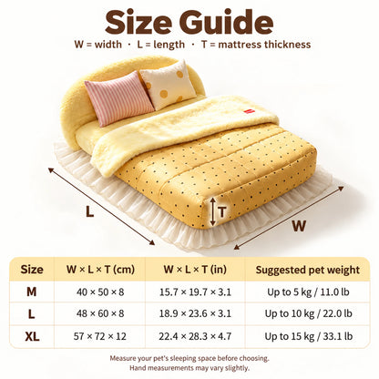 Plush pet bed size chart: M 40 × 50 × 8 cm, L 48 × 60 × 8 cm and XL 57 × 72 × 12 cm, with weight guides.