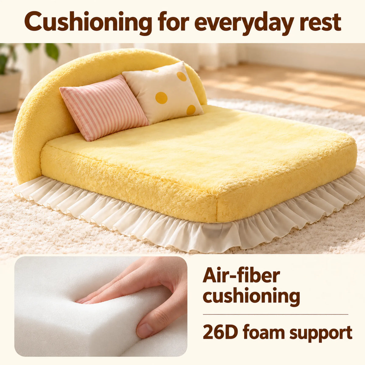 Yellow plush pet bed and a close-up of its cushioning, illustrating air-fiber cushioning and 26D foam support.