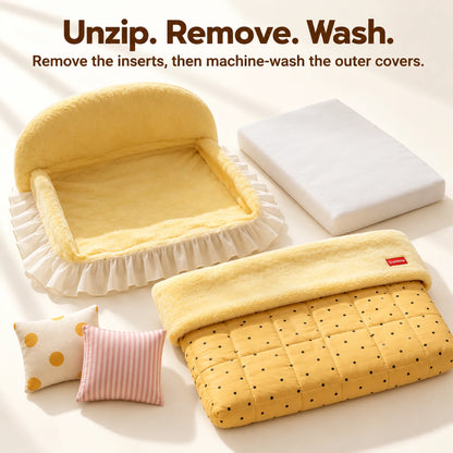 Yellow pet bed covers separated from the inserts before machine-washing the outer covers.
