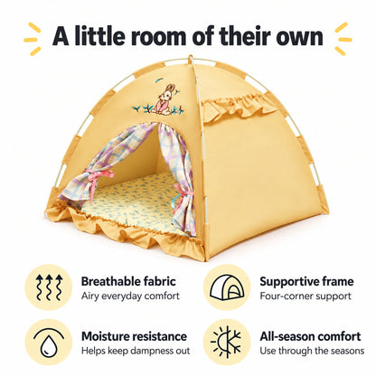 Yellow bunny pet tent with English labels for breathable fabric, frame support, moisture resistance and seasonal use