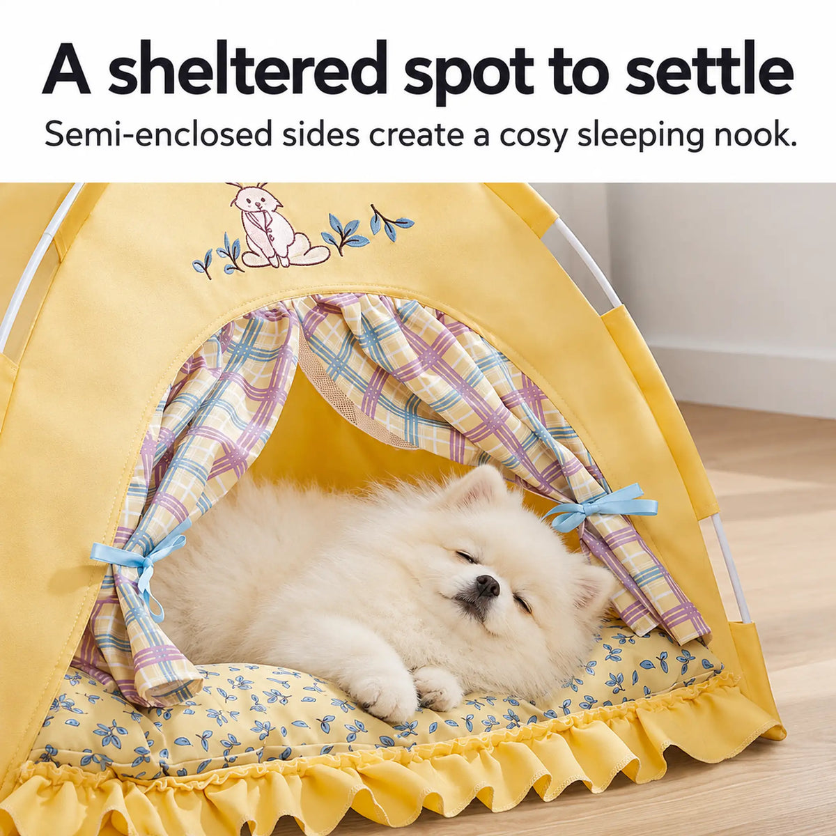 White Pomeranian sleeping behind the tied-back plaid curtains of a yellow bunny pet tent