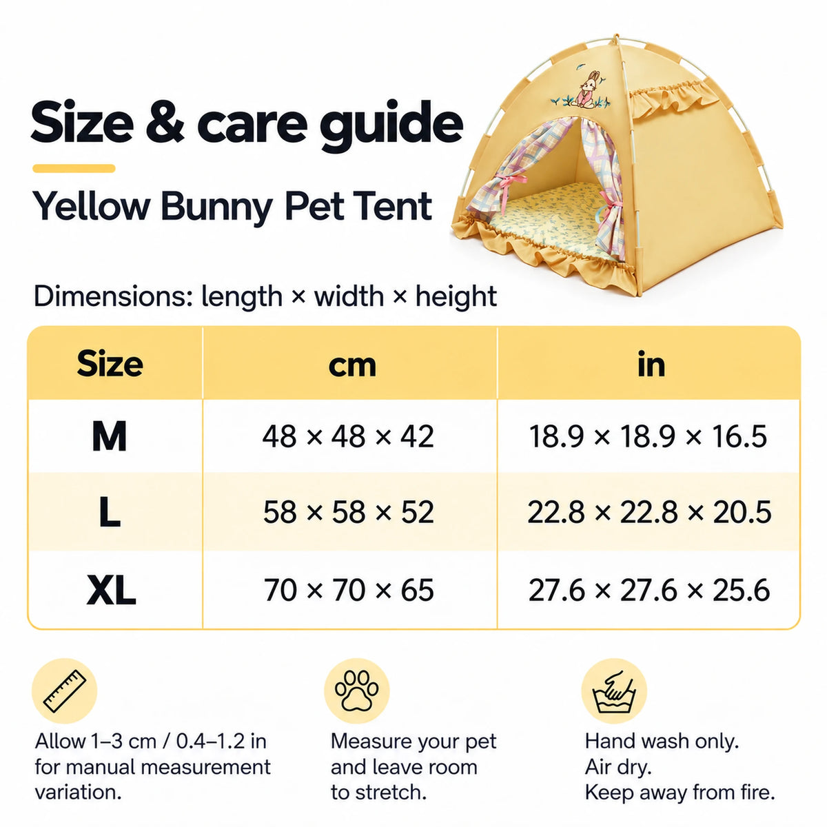 Yellow bunny pet tent size guide for M, L and XL in centimeters and inches with hand-wash care instructions
