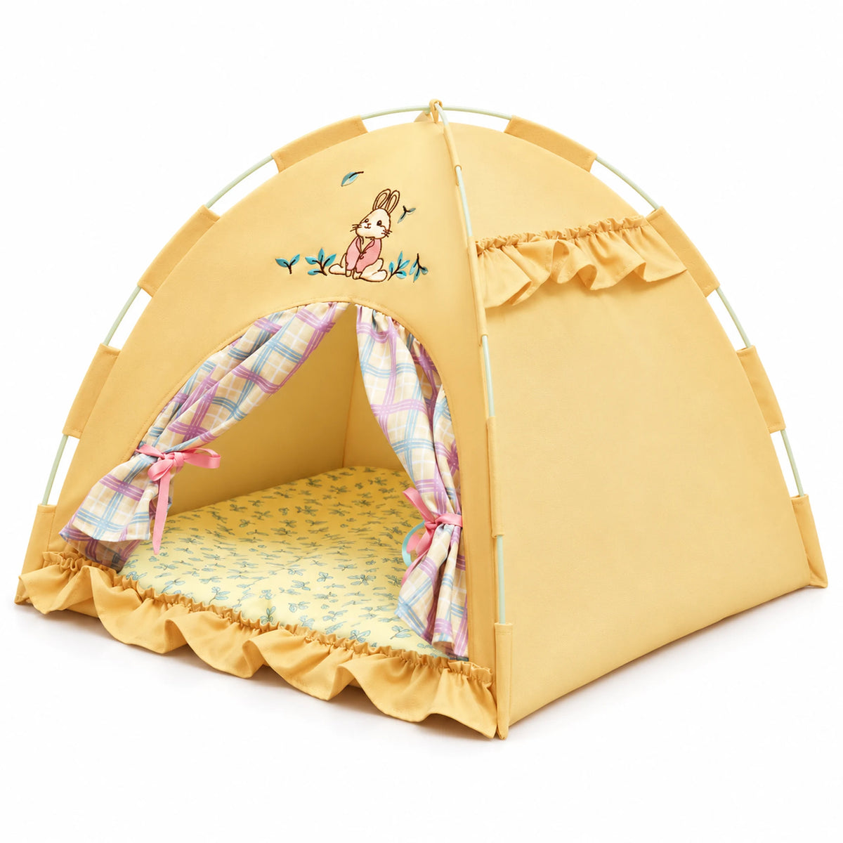 Yellow bunny pet tent with rabbit embroidery, plaid curtains and a matching cushion