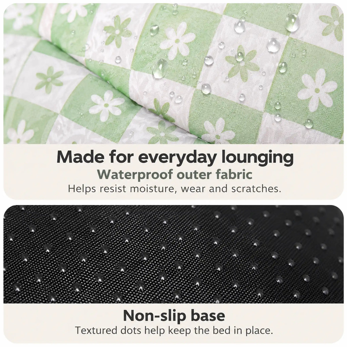 Close-ups of the green daisy-check waterproof outer fabric and black dotted non-slip base