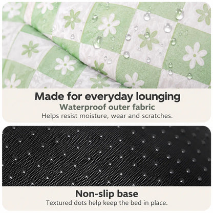 Close-ups of the green daisy-check waterproof outer fabric and black dotted non-slip base