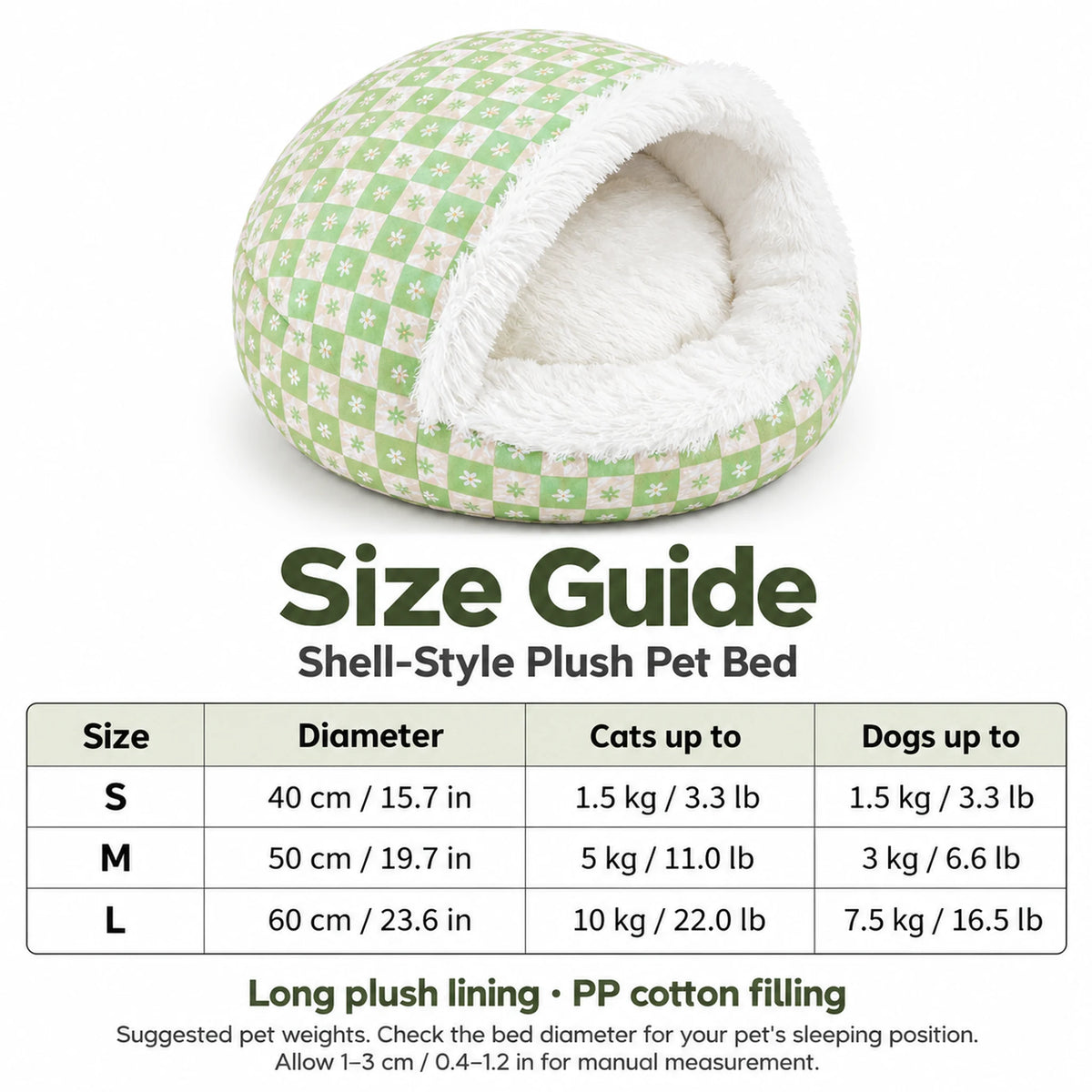 Hooded pet bed size guide: 40, 50 and 60 cm diameters with suggested cat and dog weights
