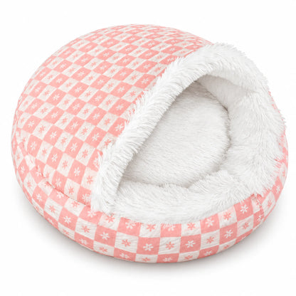Pink and white daisy-check hooded pet bed with a long plush lining and round padded base