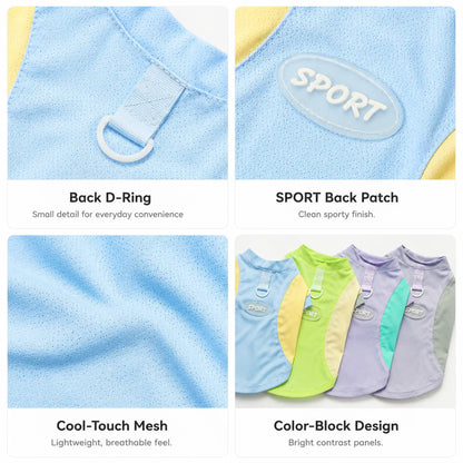 Four detail panels showing D-ring, SPORT patch, cool-touch mesh, and color-block design