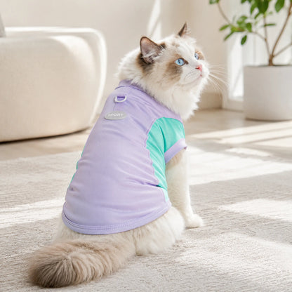 Cat wearing purple and green cool-touch pet T-shirt with SPORT patch