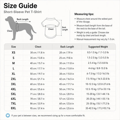 Size guide for short-sleeve pet T-shirt showing chest, back length, and suggested weight