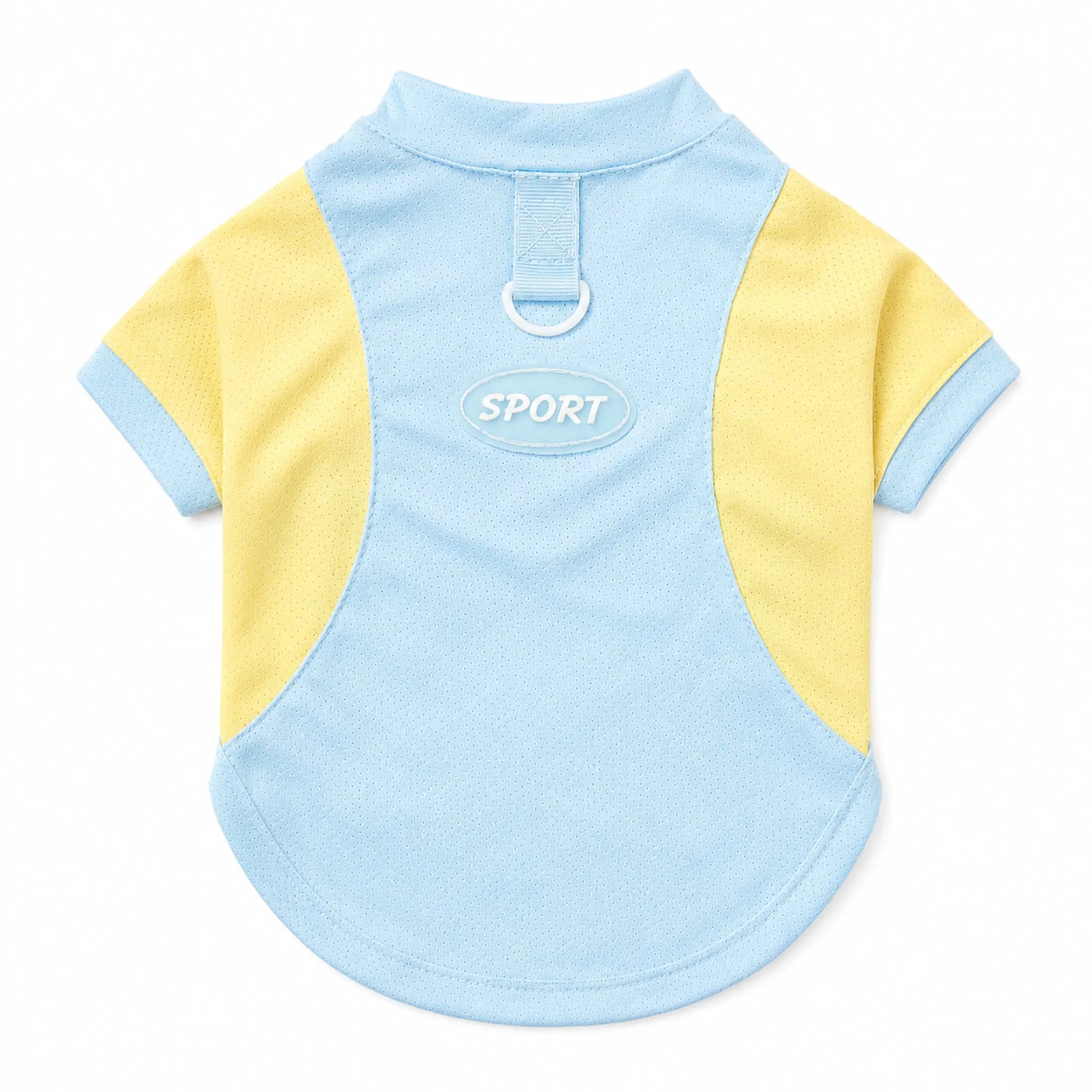 Blue and yellow short-sleeve pet T-shirt with back D-ring and SPORT patch