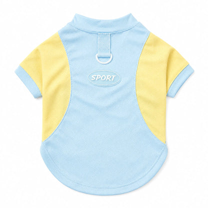 Blue and yellow short-sleeve pet T-shirt with back D-ring and SPORT patch