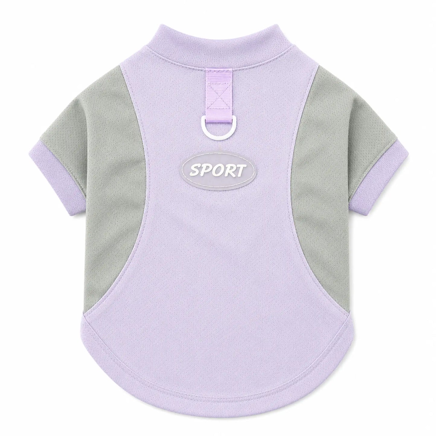 Purple and gray short-sleeve pet T-shirt with back D-ring and SPORT patch