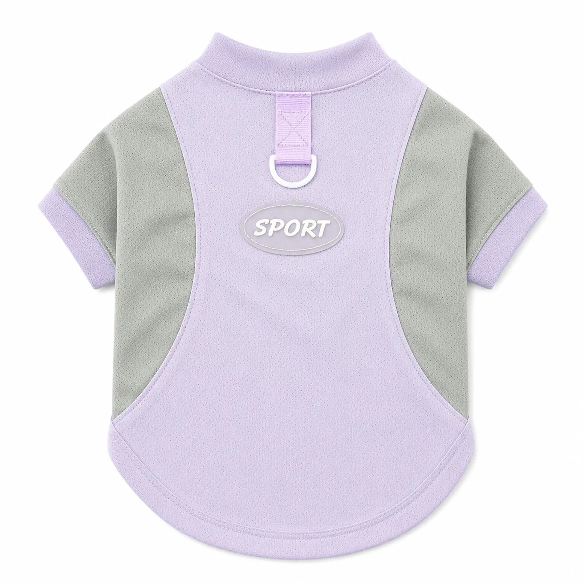 Purple and gray short-sleeve pet T-shirt with back D-ring and SPORT patch