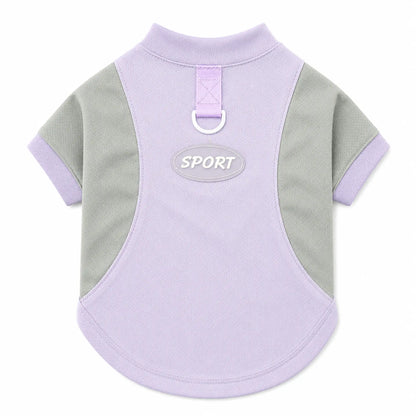 Purple and gray short-sleeve pet T-shirt with back D-ring and SPORT patch