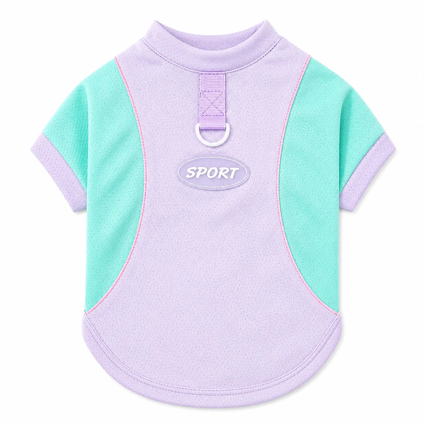 Purple and green short-sleeve pet T-shirt with back D-ring and SPORT patch